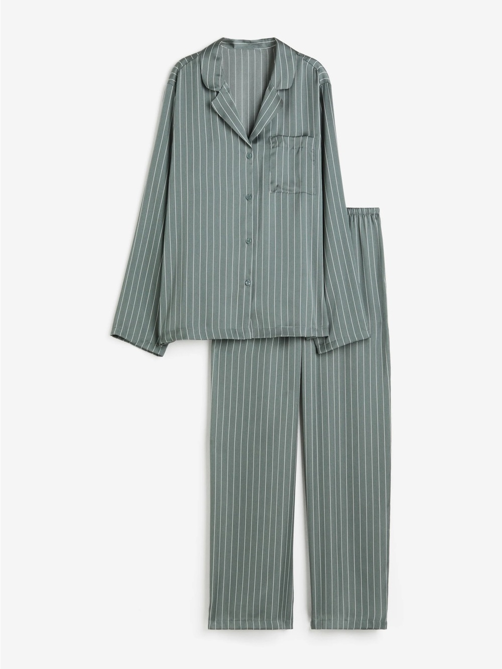 H&M Satin Pinstripe Pajama Set Womenβs L Sage Green Button Up Top Wide Leg Pants